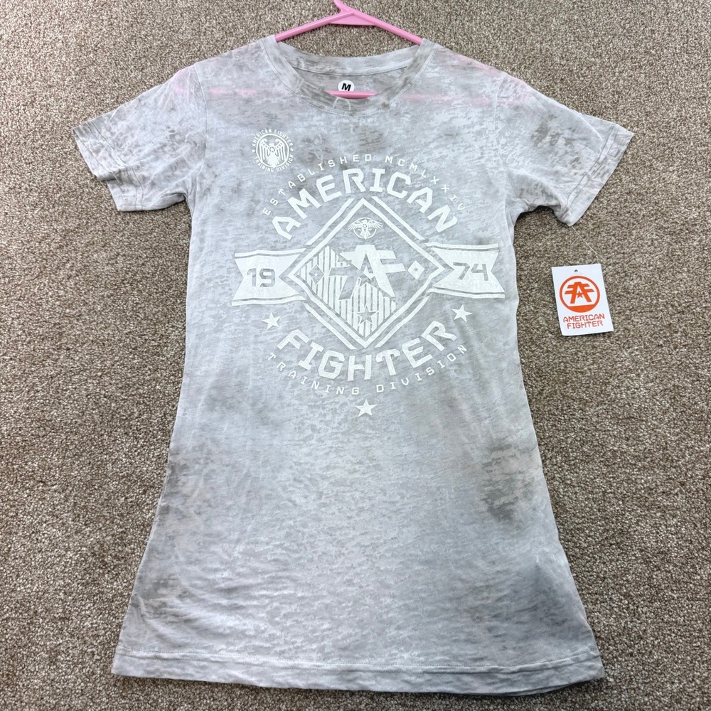 American Fighter Massachusetts Baby Tee Gray White Burnout Shirt Medium NEW Y2K